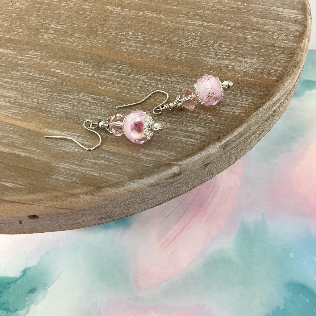Pink Floral Glass Earrings Nwt